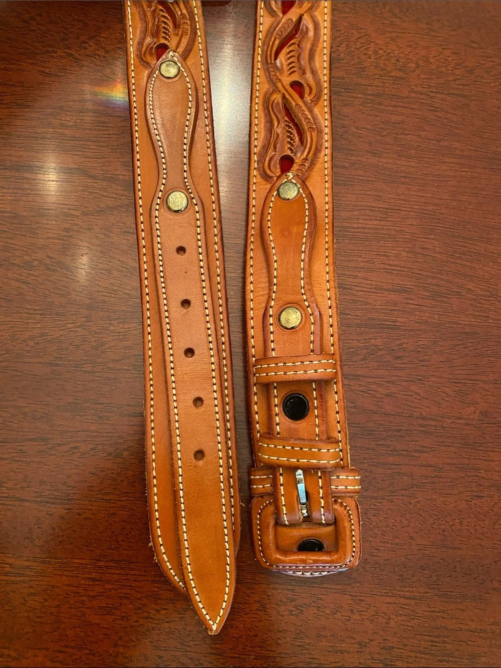 Unisex Leather RANGER Western-Style Tooled Belt with Red Accent